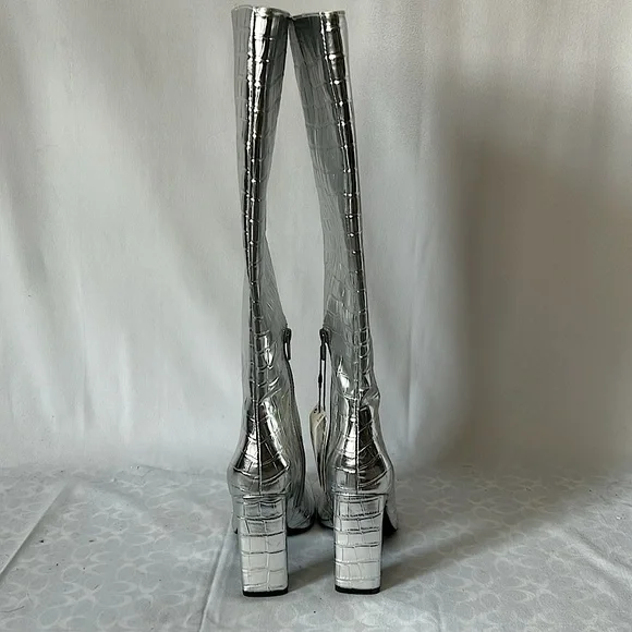Zara NWT Silver Metallic Crocodile Print Knee High Heel Boots **Sz 36/US 6**🔥🔥 - Picture 5 of 8